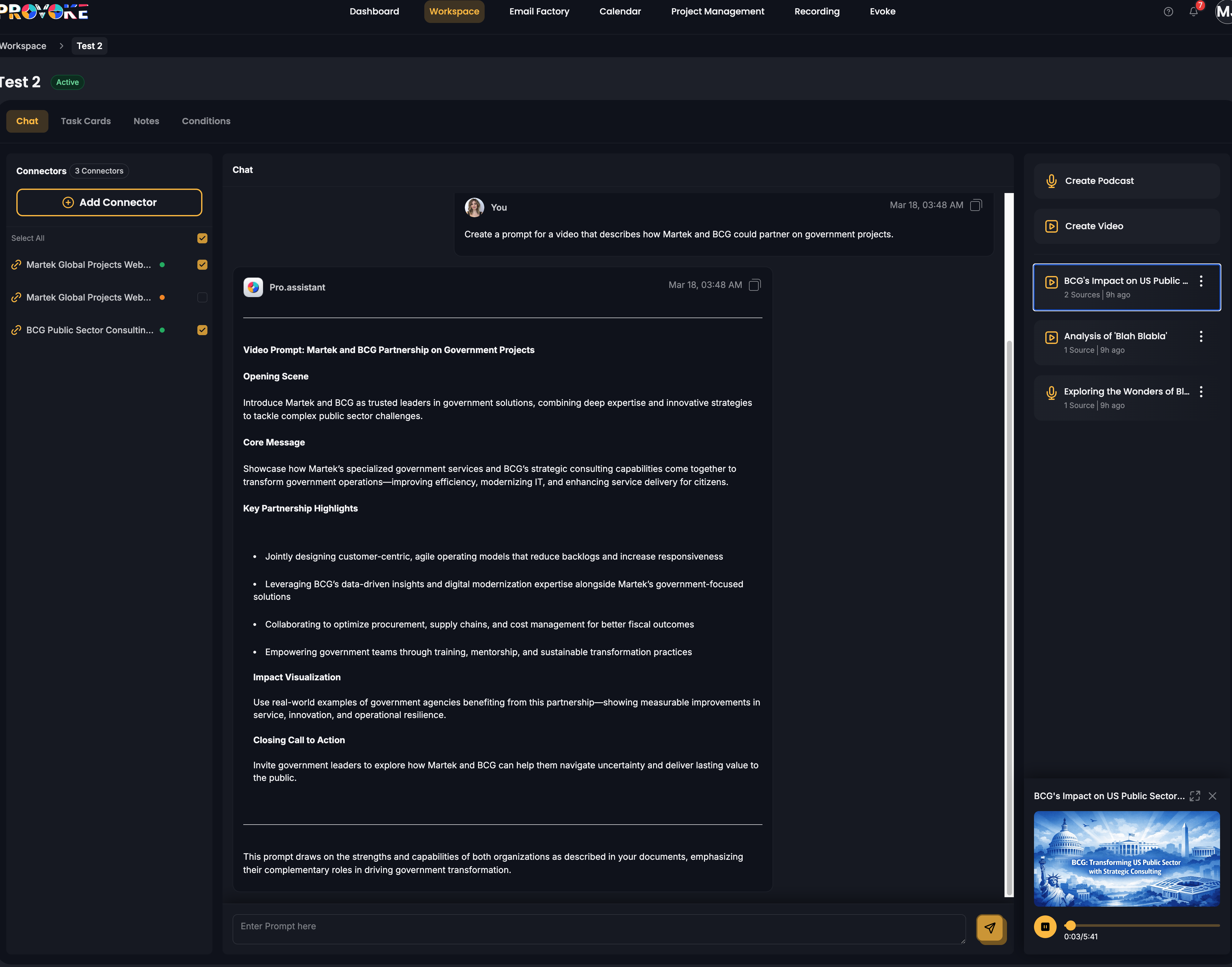 Provoke workspace — AI chat with connectors, media generation, and data sources